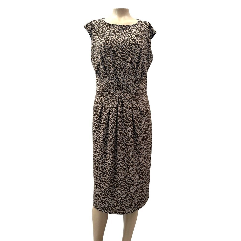 Talbots Midi Dress Leopard Animal Print Sleeveless Knit Stretch Pleated Brown‎ S